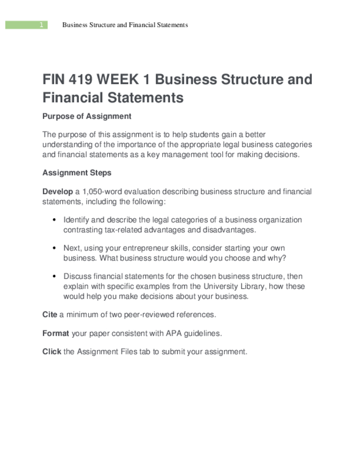 FIN 419 WEEK 1 Business Structure and Financial Statements assign