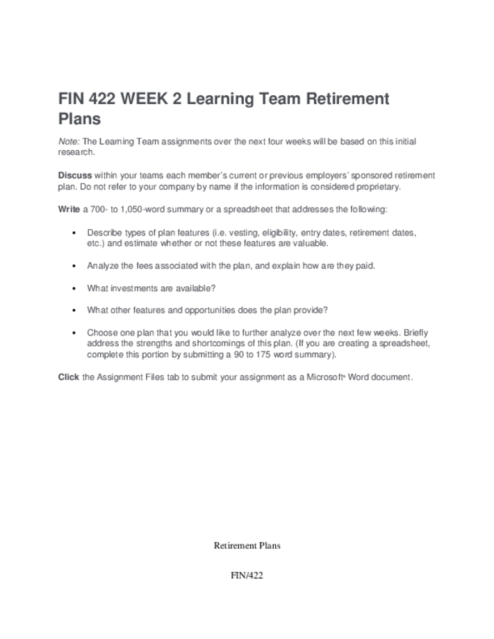 FIN 422 WEEK 2 Learning Team Retirement Plans