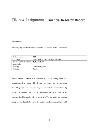 FIN 534 Assignment 1 Financial Research Report