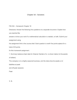 FIN 534  Homework Chapter 16 Summary balance sheet data for Greener...