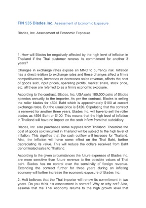 FIN 535 Blades Inc. Assessment of Economic Exposure
