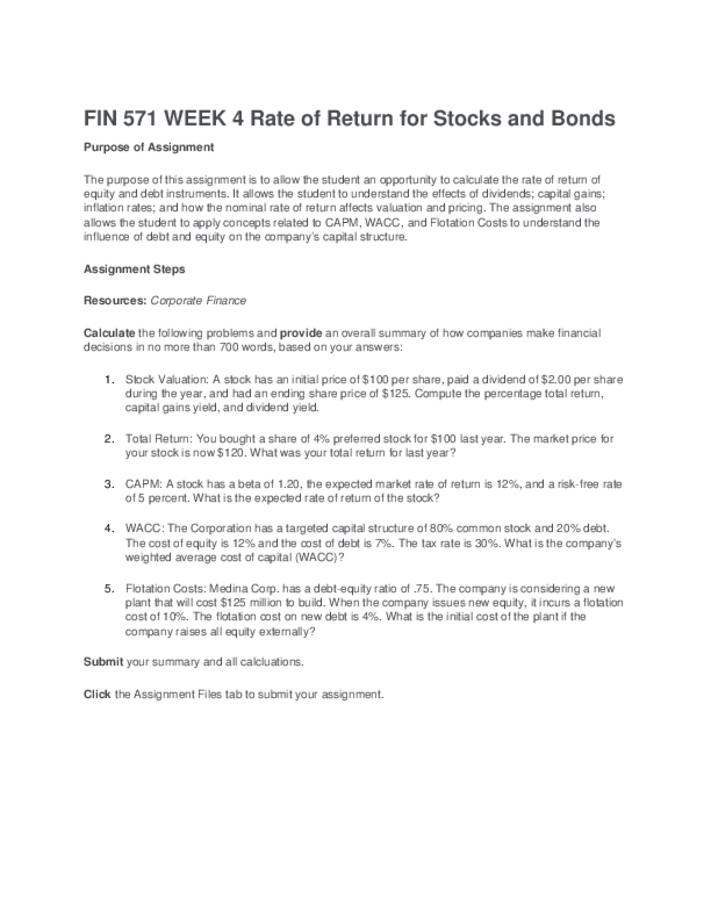 FIN 571 WEEK 4 Rate of Return for Stocks and Bonds