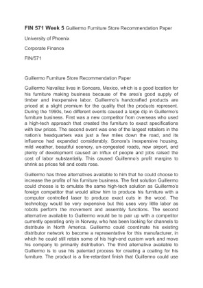 FIN 571 Week 5 Guillermo Furniture Store Recommendation Paper