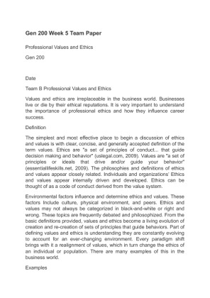 Gen 200 Week 5 Team Paper Professional Values and Ethics