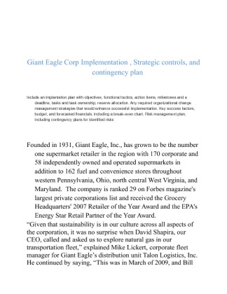 Giant Eagle Corp Implementation , Strategic controls, and contingency plan