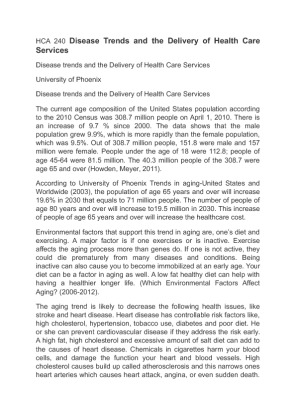 HCA 240 Disease Trends and the Delivery of Health Care Services