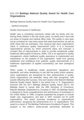 HCA 375 Baldrige National Quality Award for Health Care Organizations