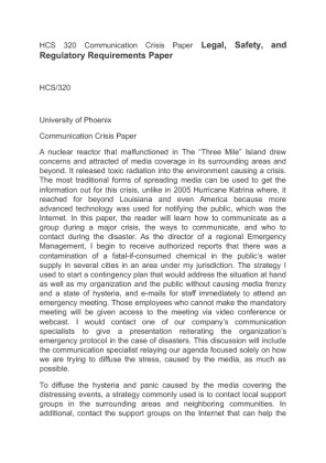 HCS 320 Communication Crisis Paper Legal, Safety, and Regulatory...
