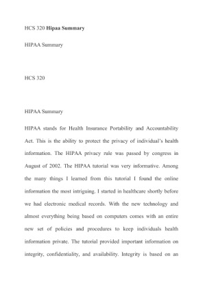 HCS 320 Hipaa Summary