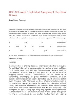 HCS 320 week 1 Individual Assignment Pre Class Survey
