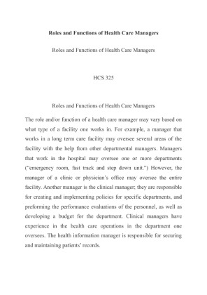 HCS 325 Roles and Functions of Health Care Managers