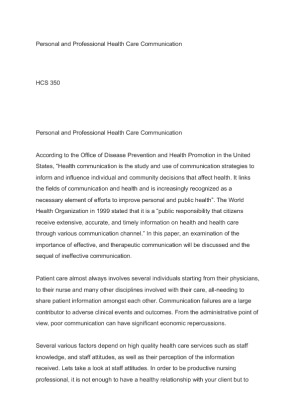 HCS 350 Personal and Professional Health Care Communication