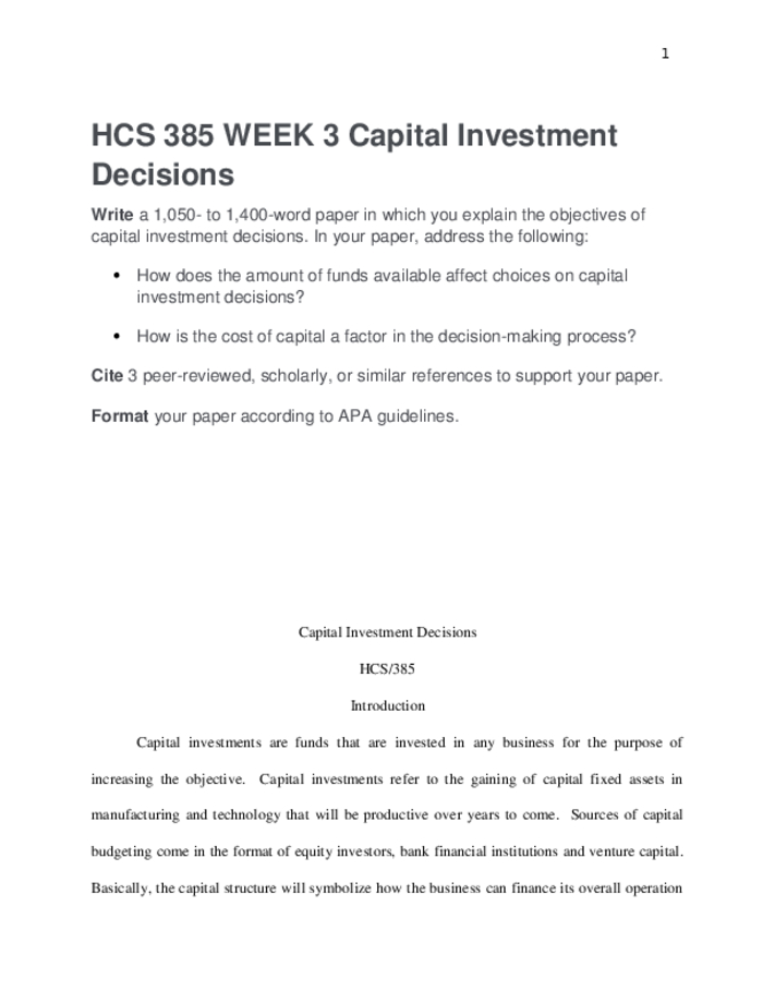 HCS 385 WEEK 3 Capital Investment Decisions
