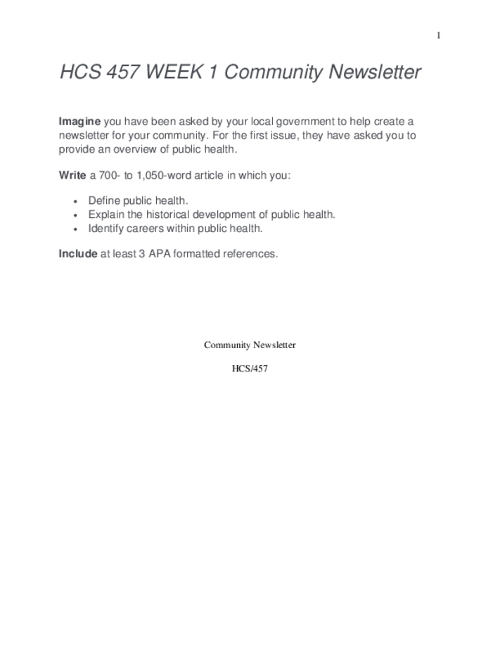 HCS 457 WEEK 1 Community Newsletter