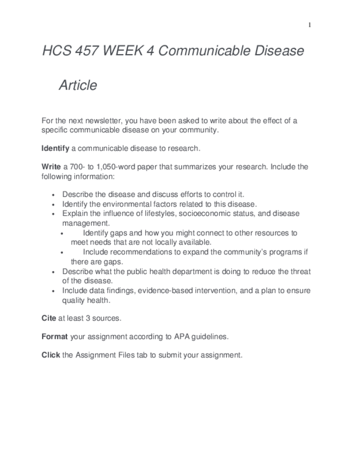 HCS 457 WEEK 4 Communicable Disease Article