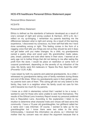 HCS 478 healthcare Personal Ethics Statement paper