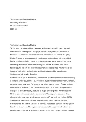 HCS 482 Technology and Decision Making paper
