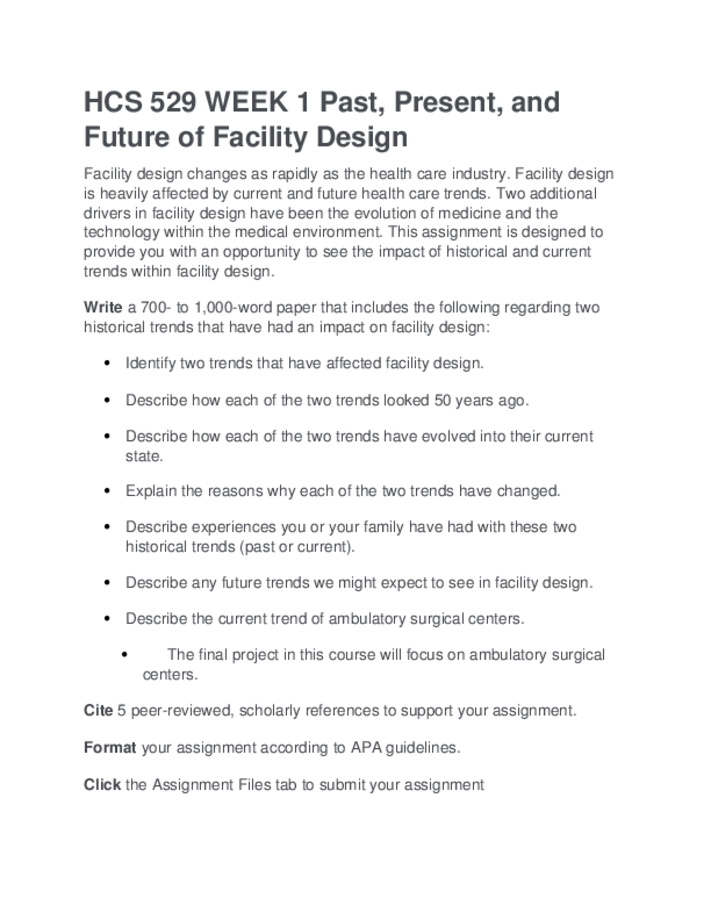 HCS 529 WEEK 1 Past, Present, and Future of Facility Design