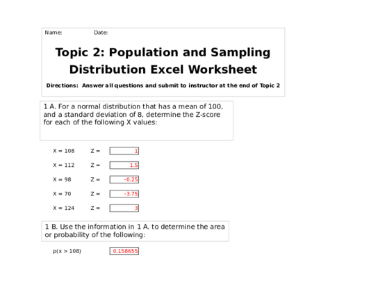 Hlt 362 Answers to Population and Sampling Distribution Excel Worksheet