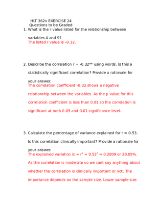 HLT 362v EXERCISE 24 Answers All correct Latest What is the r value...