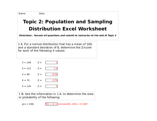 HLT362 Module 2 Population and Sampling Distribution Excel Worksheet