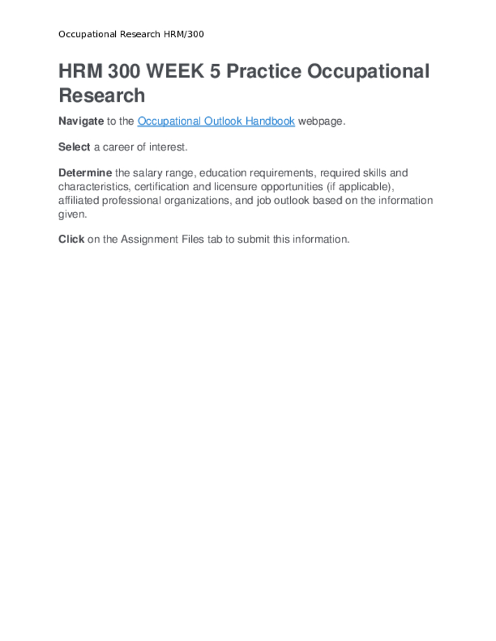 HRM 300 WEEK 5 Practice Occupational Research