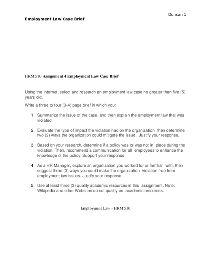 HRM 510 Assignment 4 Employment Law Case Brief