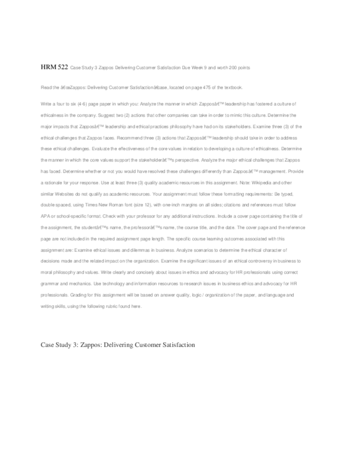 HRM 522 Case Study 3 Zappos Delivering Customer Satisfaction