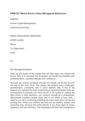 HRM 531 Memo Enviro Clean Managerial Behaviour