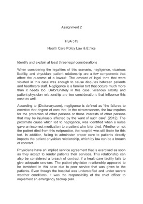 HSA 515 Assignment 2 Health Care Policy Law & Ethics