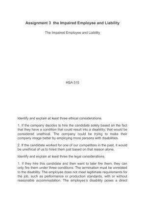 HSA 515 Assignment 3  the Impaired Employee and Liability