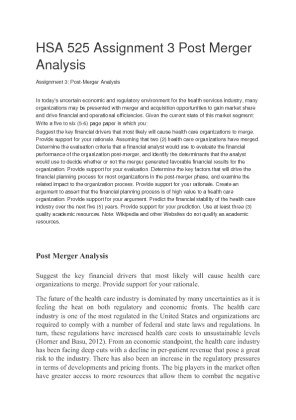 HSA 525 Assignment 3 Post Merger Analysis