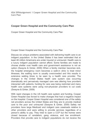 HSA 599 Assignment 1 Cooper Green Hospital and the Community Care Plan