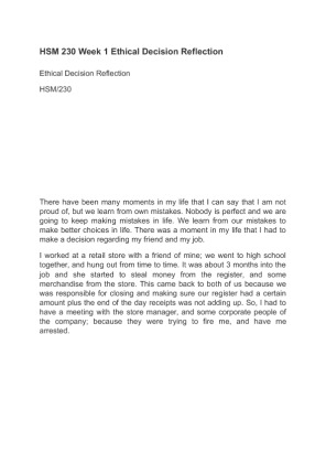 HSM 230 Week 1 Ethical Decision Reflection