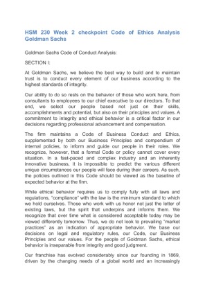 HSM 230 Week 2 checkpoint Code of Ethics Analysis Goldman Sachs