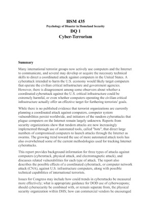 HSM 435 Psychology of Disaster in Homeland Security DQ 1 Cyber Terrorism