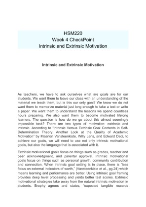 HSM220 Week 4 CheckPoint Intrinsic and Extrinsic Motivation