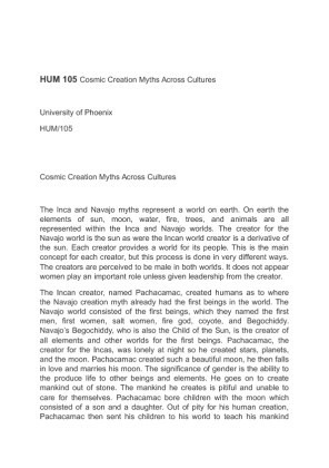 HUM 105 Cosmic Creation Myths Across Cultures paper