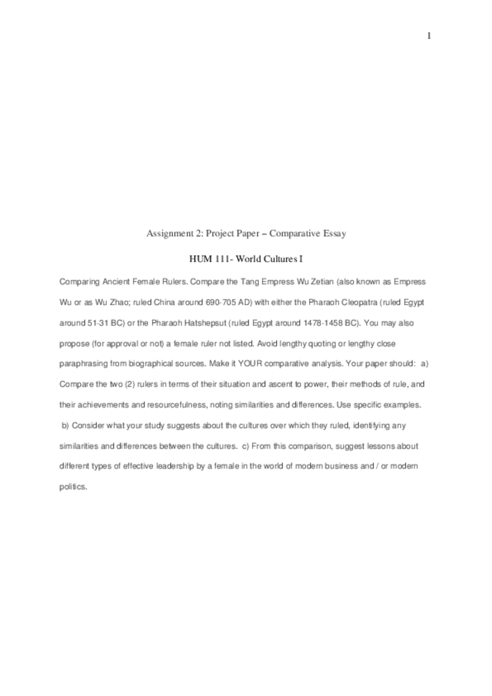 HUM 111 Assignment 2 Project Paper Comparative Essay Compare the Tang...