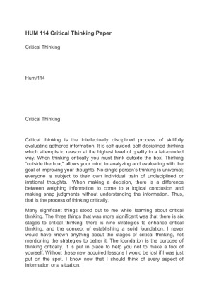 HUM 114 Critical Thinking Paper