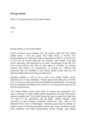 HUM 114 Energy Needs in the United States
