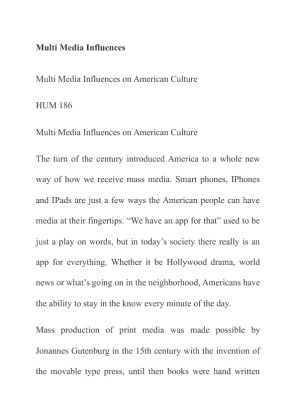 HUM 186 Multi Media Influences on American Culture
