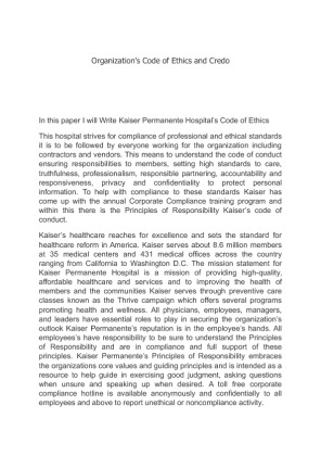 Kaiser Permanente Hospitals Code of Ethics  and Credo