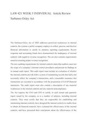 LAW 421 WEEK 5 INDIVIDUAL  Article Review  Sarbanes Oxley Act