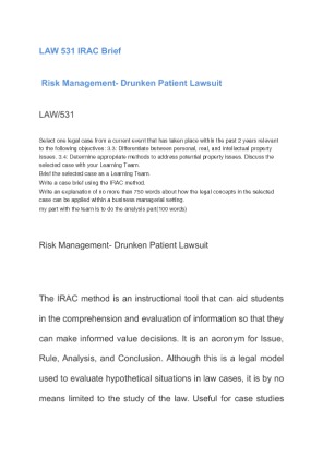 LAW 531 IRAC Brief Risk Management  Drunken Patient Lawsuit