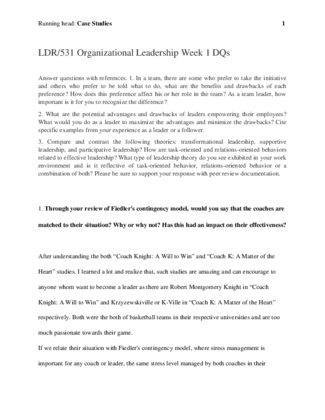 LDR 531 Organizational Leadership Week 1 DQs Case studies summary