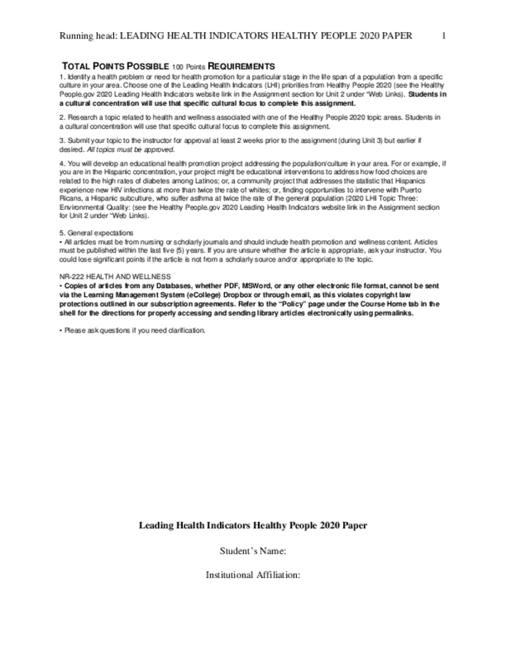 Leading Health Indicators Healthy People 2020 Paper