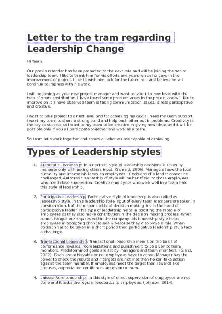 Letter to the tram regarding Leadership Change