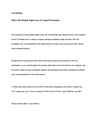 MBA 520 Module Eight Cost of Capital Worksheet