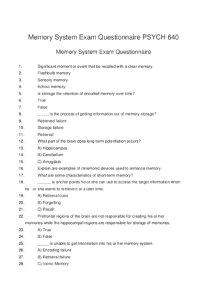 Memory System Exam Questionnaire PSYCH 640